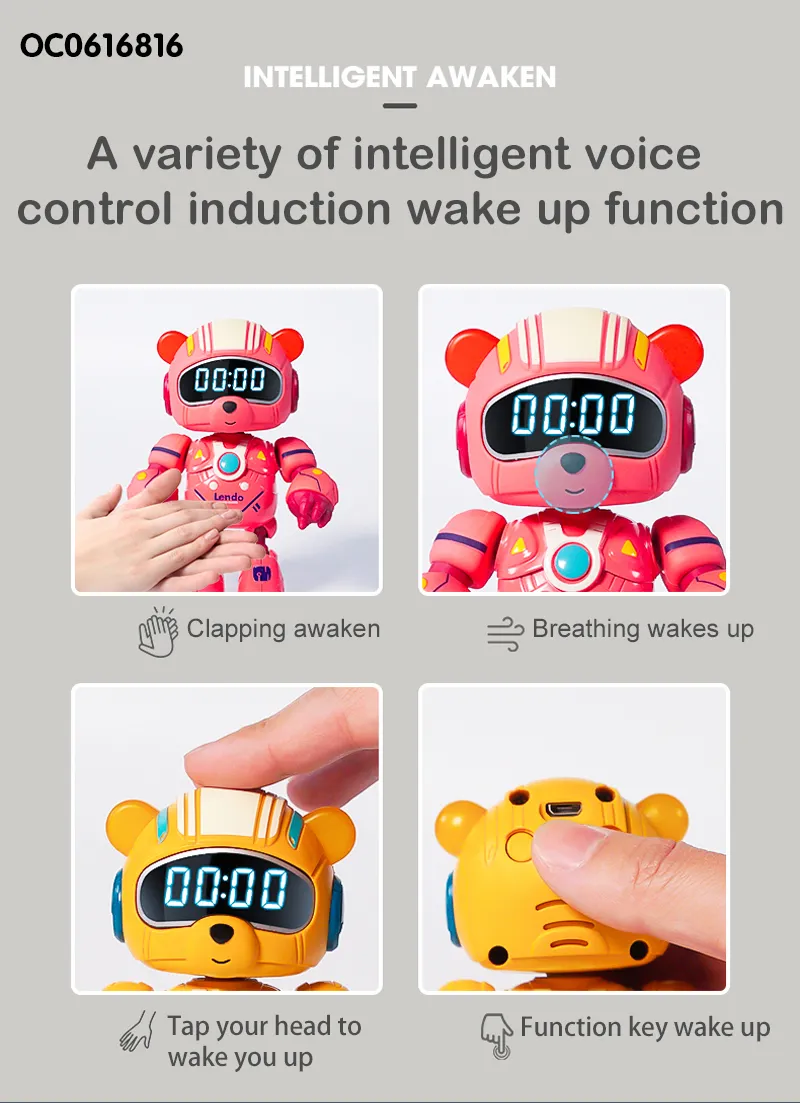 Wholesale Toy Plastic Intelligent Fashion Bear Robot Alarm Clock for Kids with Light Sound