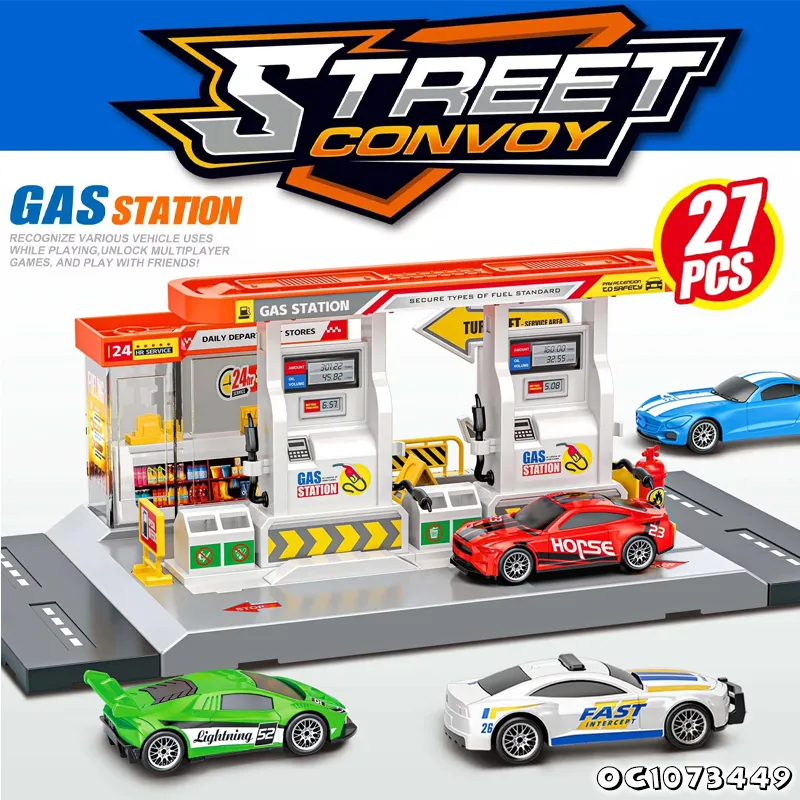 City Scene Simulation Gas and Car Wash Station Model Custom Made Plastic Toy with 4 Pieces Alloy Model Car Game Toy for Boys
