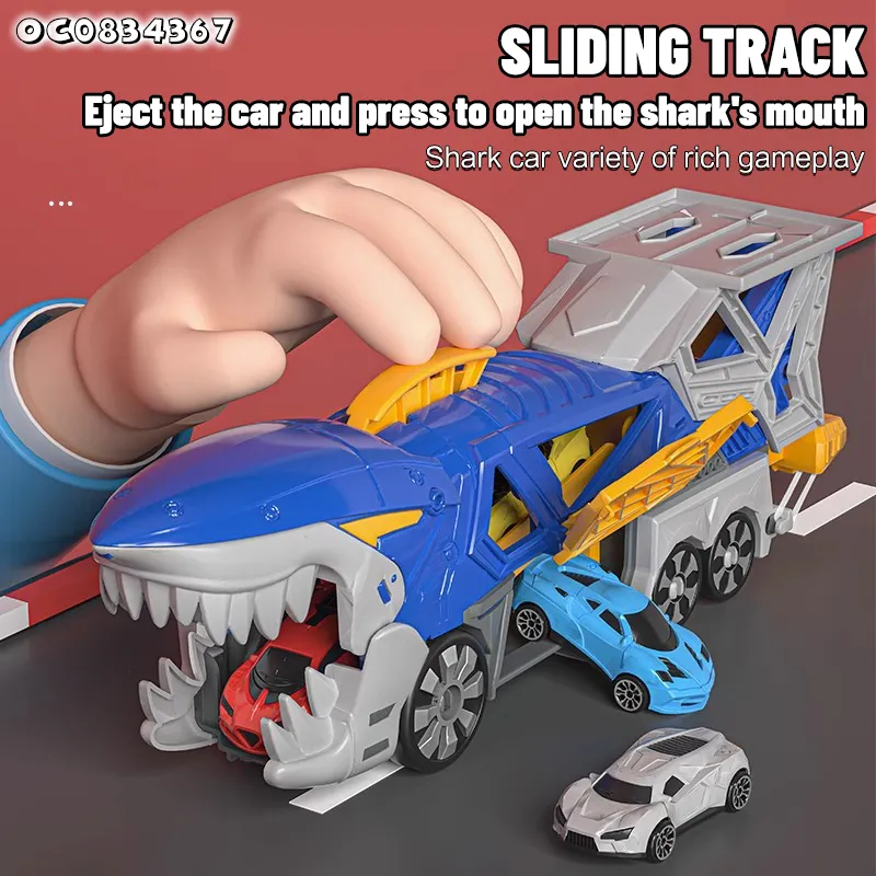 Ejection Flexible Racing Car Track Truck Catapult Small Transport Shark Car Gift Play Toys for Kids Boys with Mini Cars