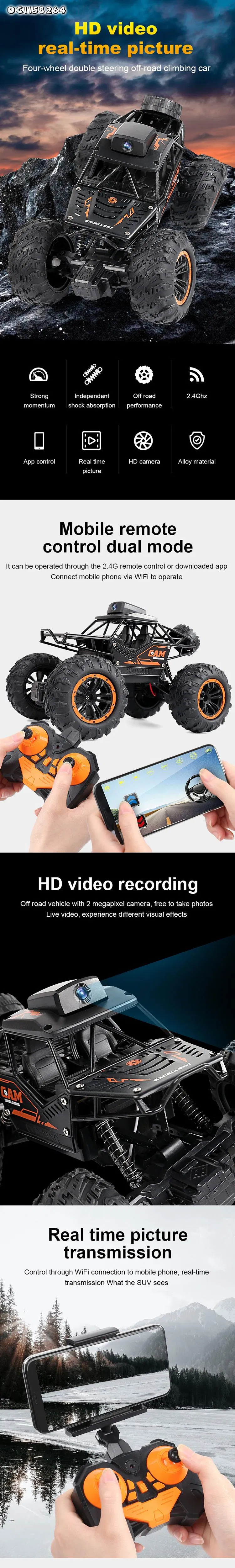 WiFi Connect Climbing Mobile Phone RC off Road Remote Control 1: 24 Scale Alloy Models Car with Camera for Kids