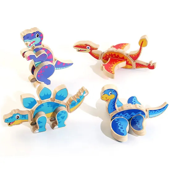 Wholesale Montessori 4PCS Cognitive Educational DIY 3D Dinosaur Wooden Block Toy for Kids