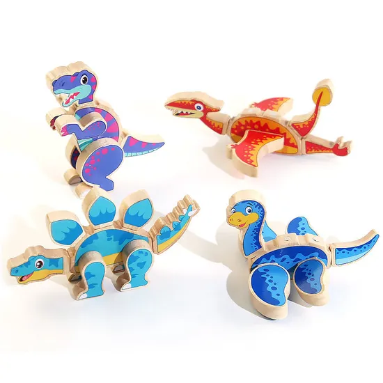 Wholesale Montessori 4PCS Cognitive Educational DIY 3D Dinosaur Wooden Block Toy for Kids