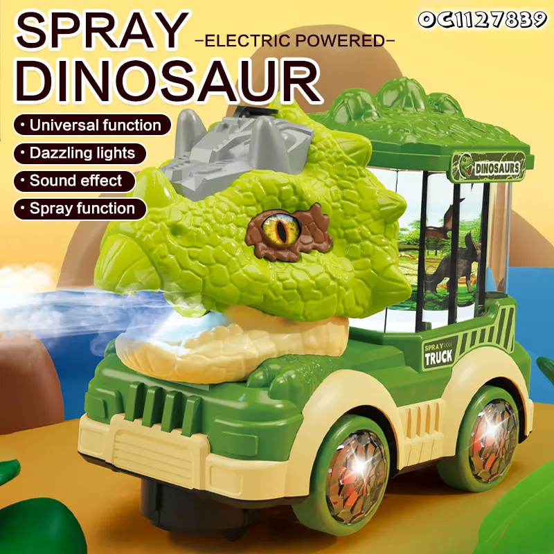 Universal Moving Mouth Water Mist Spray Dinosaur Friction Battery Powered Trucks Transport Car Carrier Toy with Light and Sound