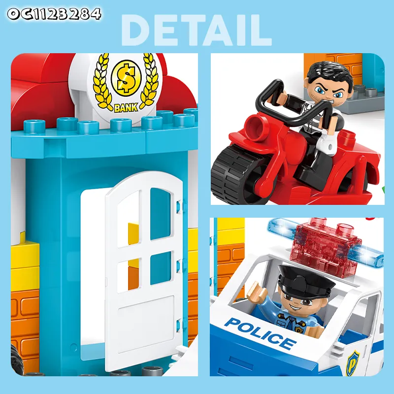 Wholesale Montessori Plastic Children Sensory DIY Police Car Gift Building Block Toy with Light