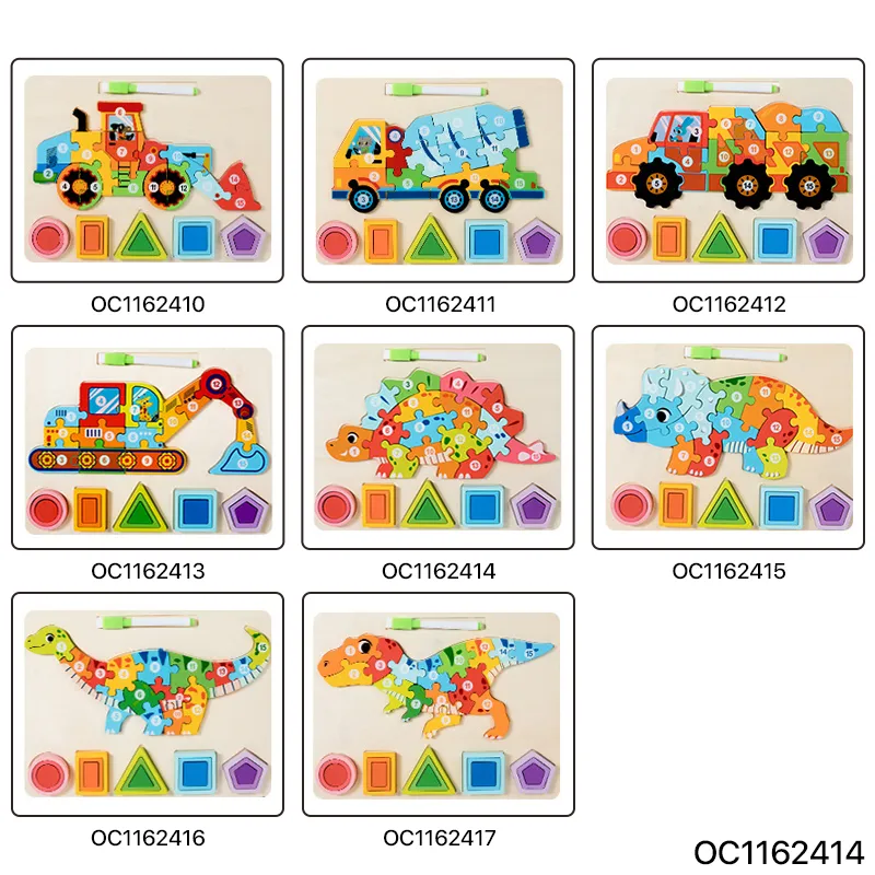 Cognitive Shape Number Block Learning Montessori Wooden High Quality Dinosaur Jigsaw Puzzle Animals Match Board Toy with Drawing Toy