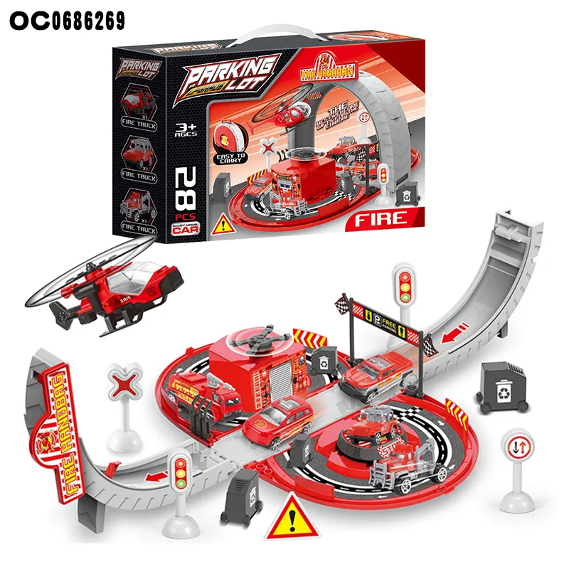 3 Pieces Fire Truck Toy Car Model Diecast Super Parking Lot Toys with Track Rail