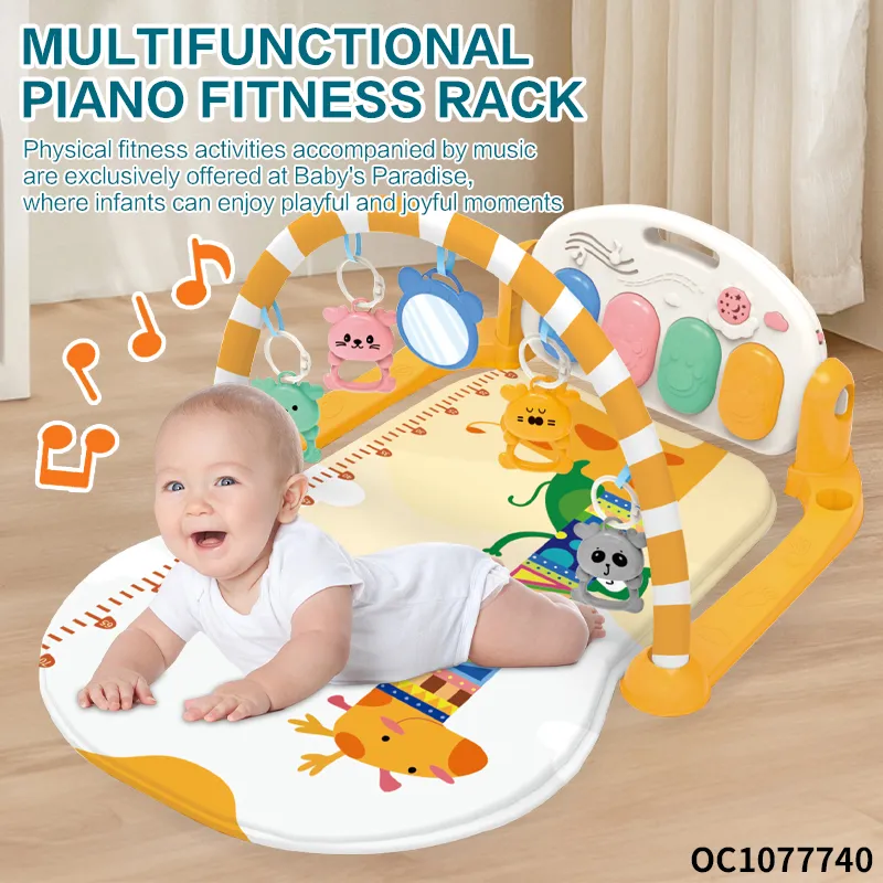 Hot Selling Cartoon Flooring Carpet Activity Musical Gym Play Mat with Pedal Piano Hanging Animal Rattles