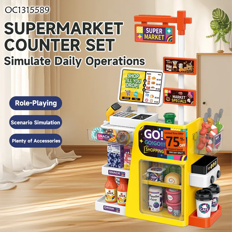 Kids Montessori Role Play Shop Accessories Toys for 4 Years Girl Kitchen Supermarket Cashier Checkout Counter Set Big with Food