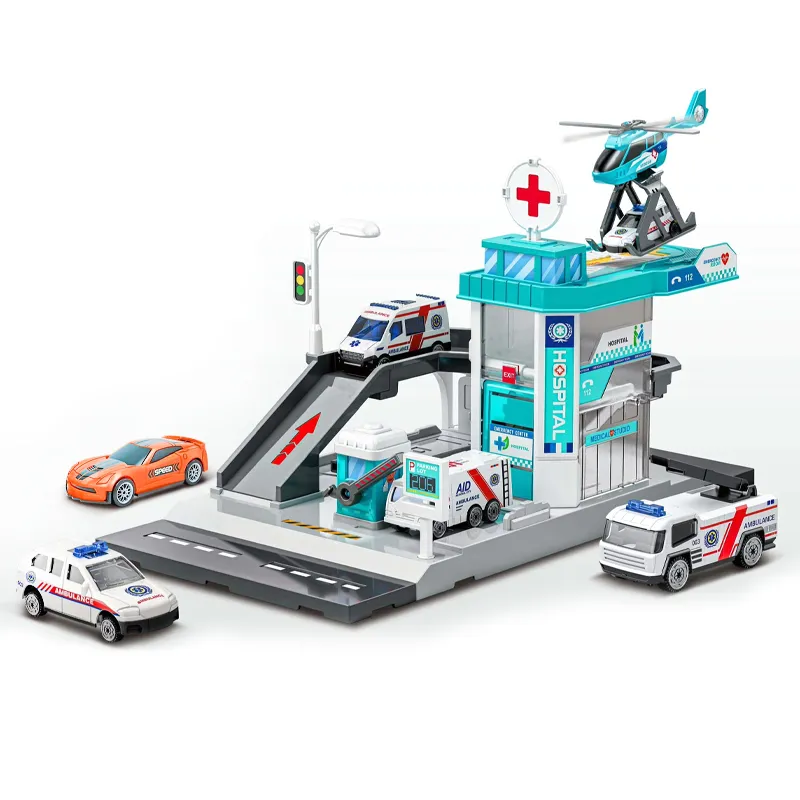 New Trending Simulation Cartoon City Track Parking Lot 2 in 1 Ambulance Toy Car Pretend Play Hospital Track for Kids with Plane