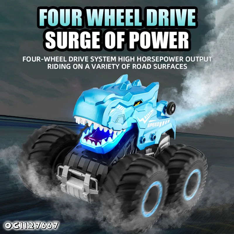 Children Boys Gift Items RC Dinosaur Mechanical Stunt Car 360 Rotating Toys for Kids with Remote Control and LED Music Light