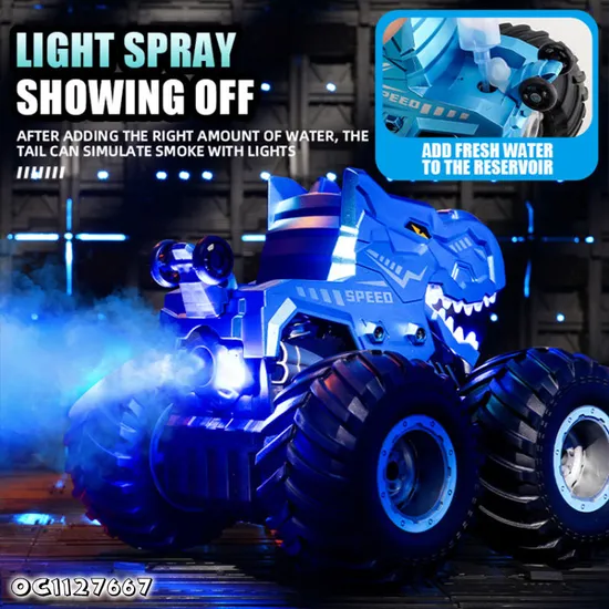 Children Boys Gift Items RC Dinosaur Mechanical Stunt Car 360 Rotating Toys for Kids with Remote Control and LED Music Light