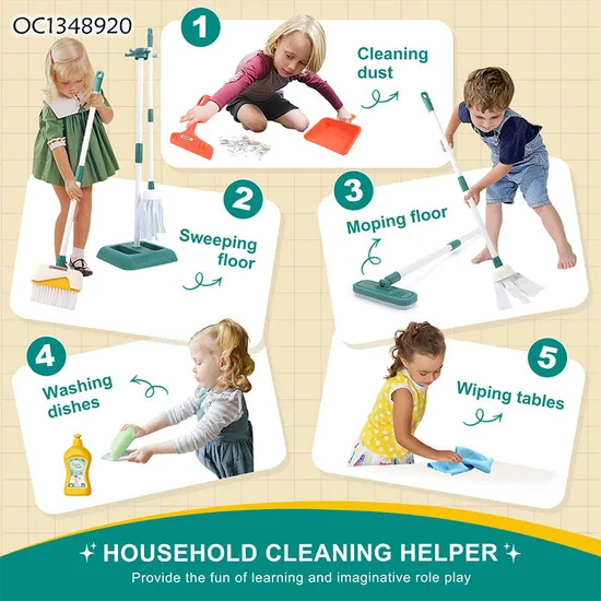 Household Cleaning Tools Accessories Plastic Kid Role Play Children Montessori Cleaning Toys with Simulation Broom and Mop