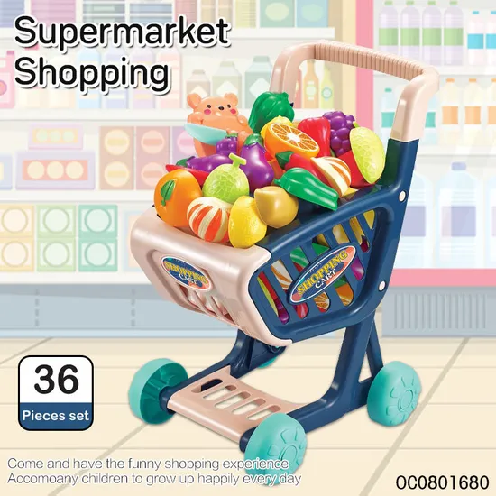 Wholesale Pretend Children's Plastic Kitchen Role Play Set Kids Supermarket Trolley Shopping Toys with Fruit
