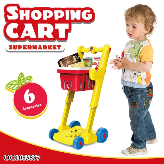 Eco Friendly Kids Plastic Home Supermarket Pretend Play Trolleys Toys Set Baby Foldable Shopping Cart with Wheels