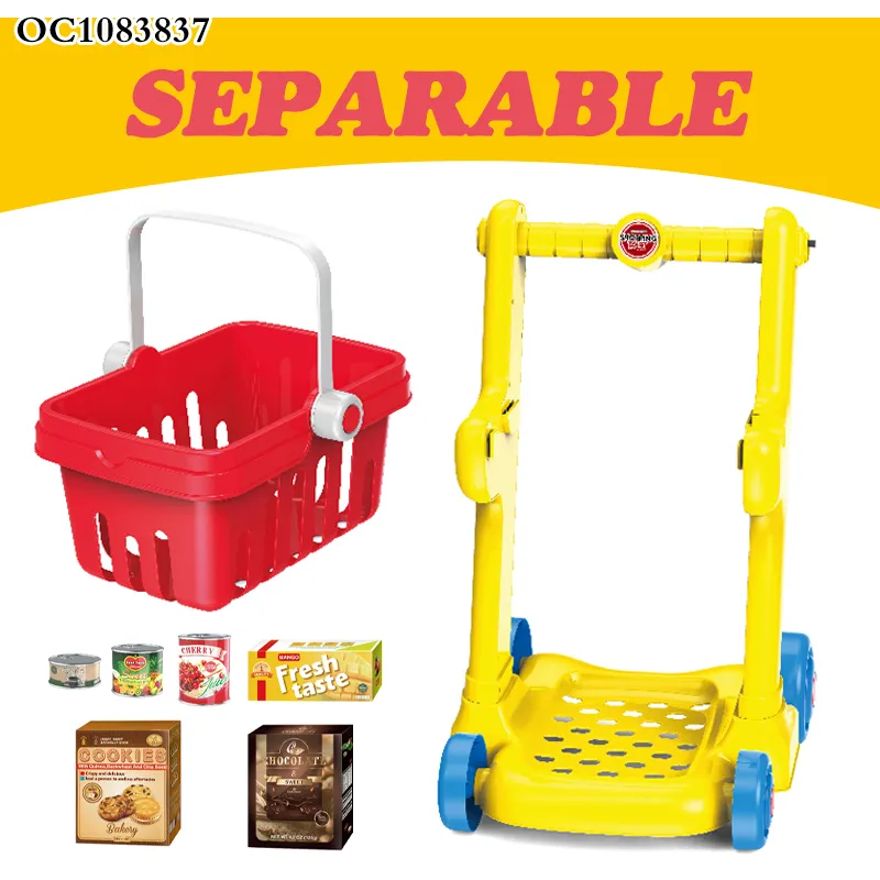 Eco Friendly Kids Plastic Home Supermarket Pretend Play Trolleys Toys Set Baby Foldable Shopping Cart with Wheels