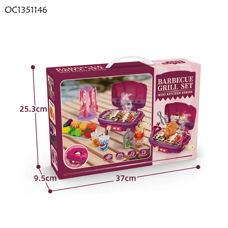 Wholesale Simulation Food Pretend Barbecue Kids Role Play Pink Children's Plastic Mini Kitchen Eaducational Set Toy with Spray