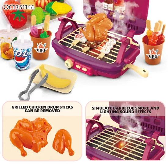 Wholesale Simulation Food Pretend Barbecue Kids Role Play Pink Children's Plastic Mini Kitchen Eaducational Set Toy with Spray