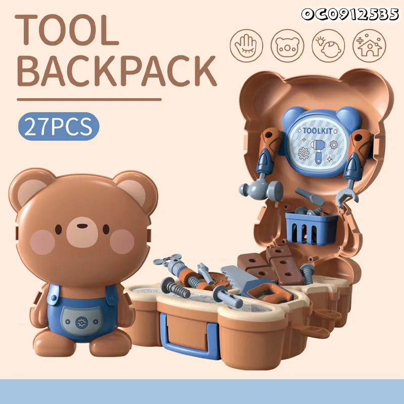 Cartoon Bear Design Backpack Plastic Nuts and Screws Kids Pretend Role Play Hand Tools Toy for Boys Wholesale