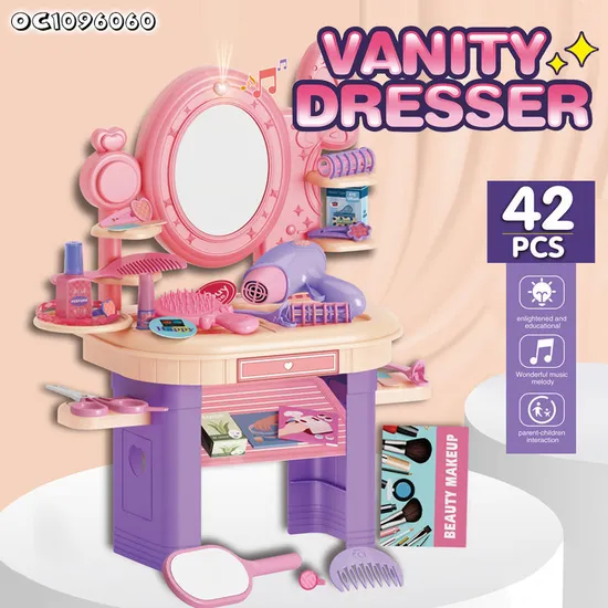Wholesale Pretend Play Kids Hair Salon Cosmetic Beauty Set Toy Make up Mirror Dressing Table Pink Makeup Toys for Girls Children with Music