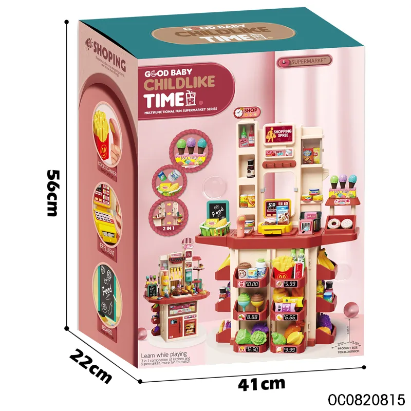 Children Pretend Play Preschool Model Home Big Supermarket Kids Cashier Game Register Toys with Goods Shelves