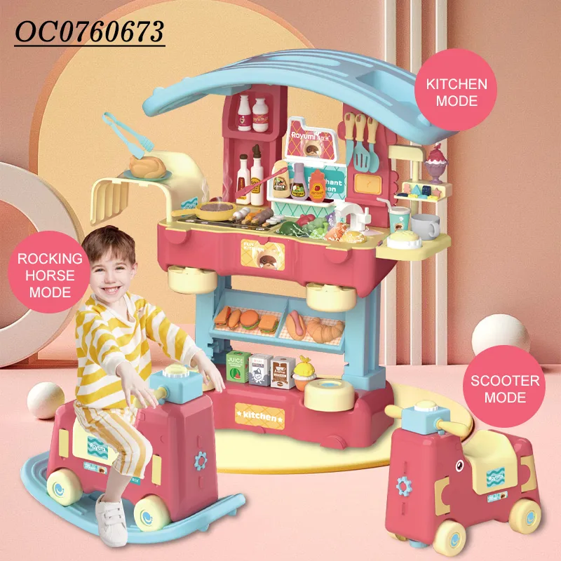 Wholesale 3in1 Rocking Horse Spray Plastic Children House Kitchen Cooking Food Toy Gift Set