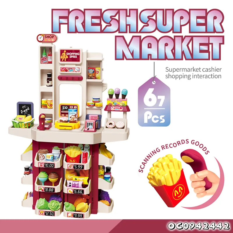 Home Supermarket Pretend Play Checkout Mini Food Set Toy Miniature Plastic Toy with Live Scanner Cash Register Card Reader for Kids