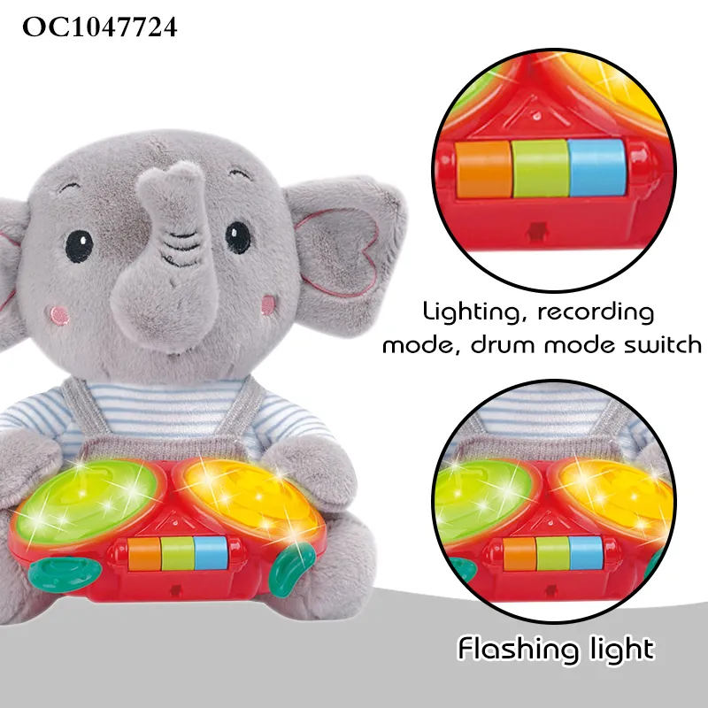 Wholesale Stuffed Battery Operated Hand Drum Musical Instrument Big Elephant Animal and Plush Toy Doll with Flashing Light