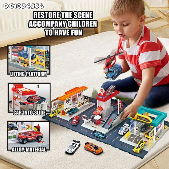 Boys Kids Gift Items Cartoon City Track Parking Lot Toy Gas Station Scenes Railway Racing Car Toys with 2PCS Alloy Car for Sale