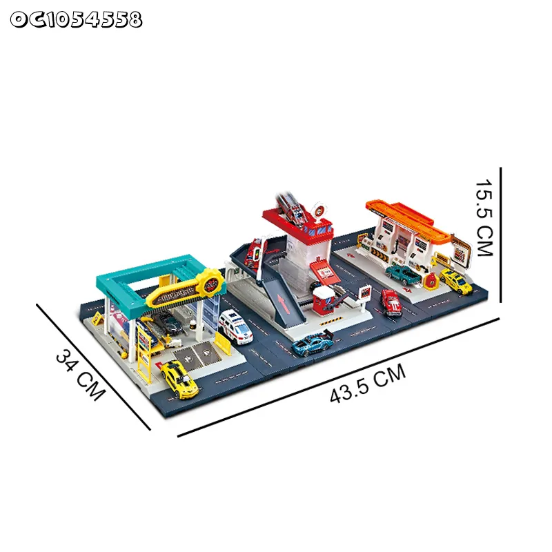 Boys Kids Gift Items Cartoon City Track Parking Lot Toy Gas Station Scenes Railway Racing Car Toys with 2PCS Alloy Car for Sale