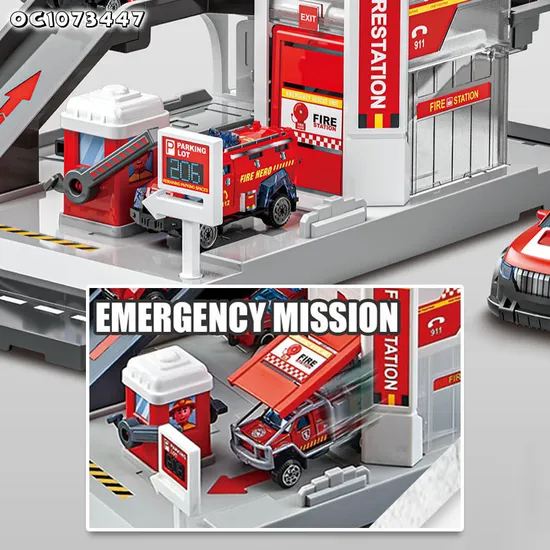 Wholesale Cartoon City Track Parking Lot Kids Fire Station Equipments Scene Set Fire Fighting Truck Toy with Plane and Fire Cars