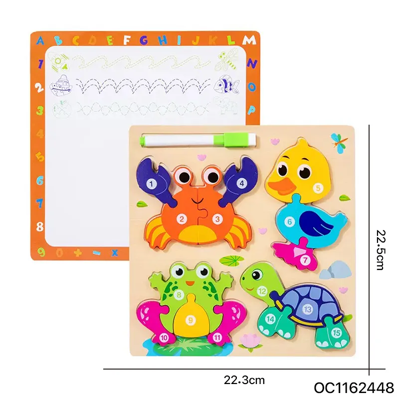 Early Educational Baby Toys Wood 2025 Animal Mix and Match Jigsaw Puzzle Board 3D Cartoon Sea Animal Toy with Erasable Drawing Board