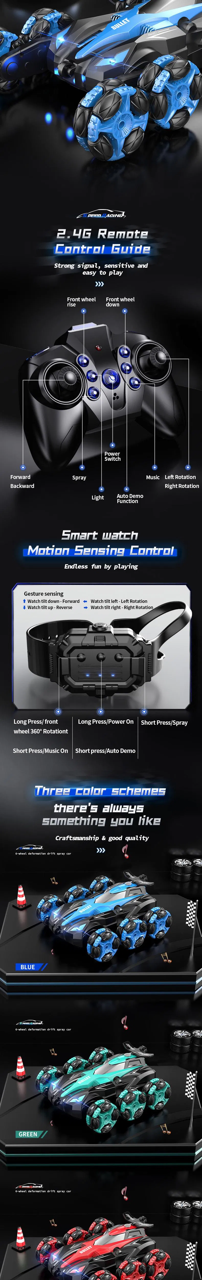 Wholesal LED Lighting Hand Gesture Sensing Remote Control 6 Wheels RC Drift Stunt Car with Music