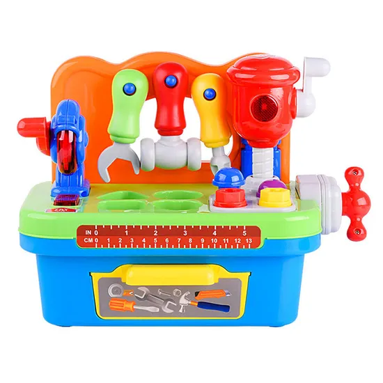 Multi-Accessories Fun Children Kids Pretend Play Construction Table Game Educational Mechanical Tool Box Set with Light Sound