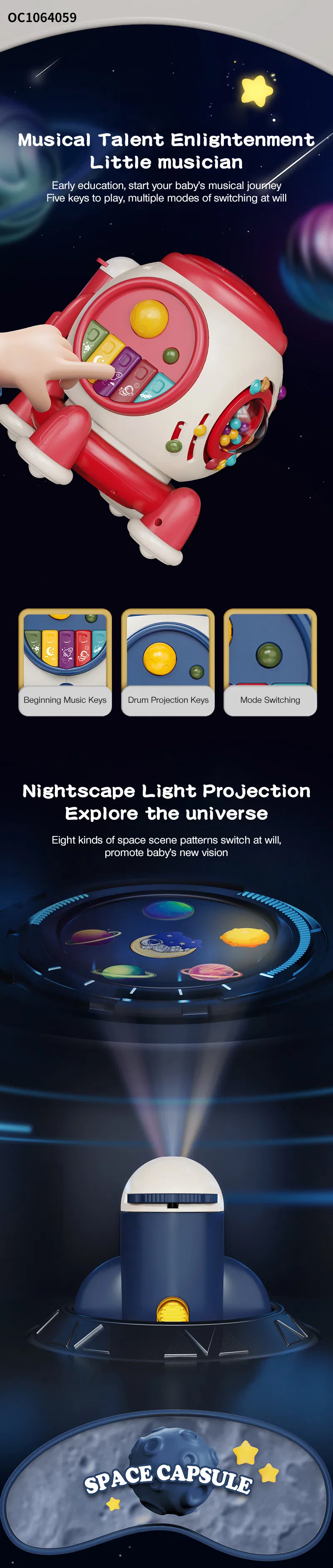 Wholesale Musical Montessori Learning Keyboard Hand Drum 6 in 1 Montessori Custom LED Projector Toy