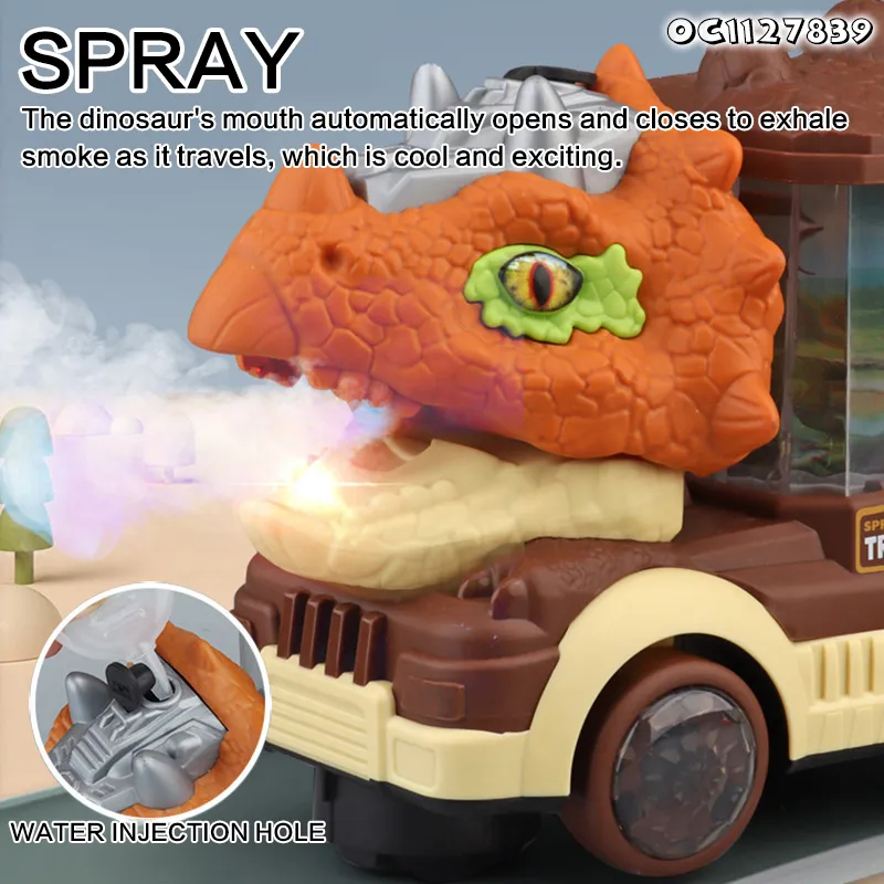 Universal Moving Mouth Water Mist Spray Dinosaur Friction Battery Powered Trucks Transport Car Carrier Toy with Light and Sound