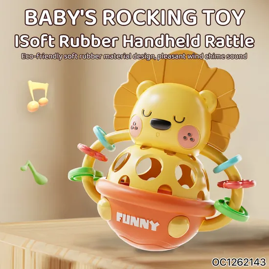Lovely Cartoon Lion Design Tumbler Roly Poly Toy Soft Rubber Handheld Bell Grab Shake Plastic Rattle Ball Toy for Newborn Baby