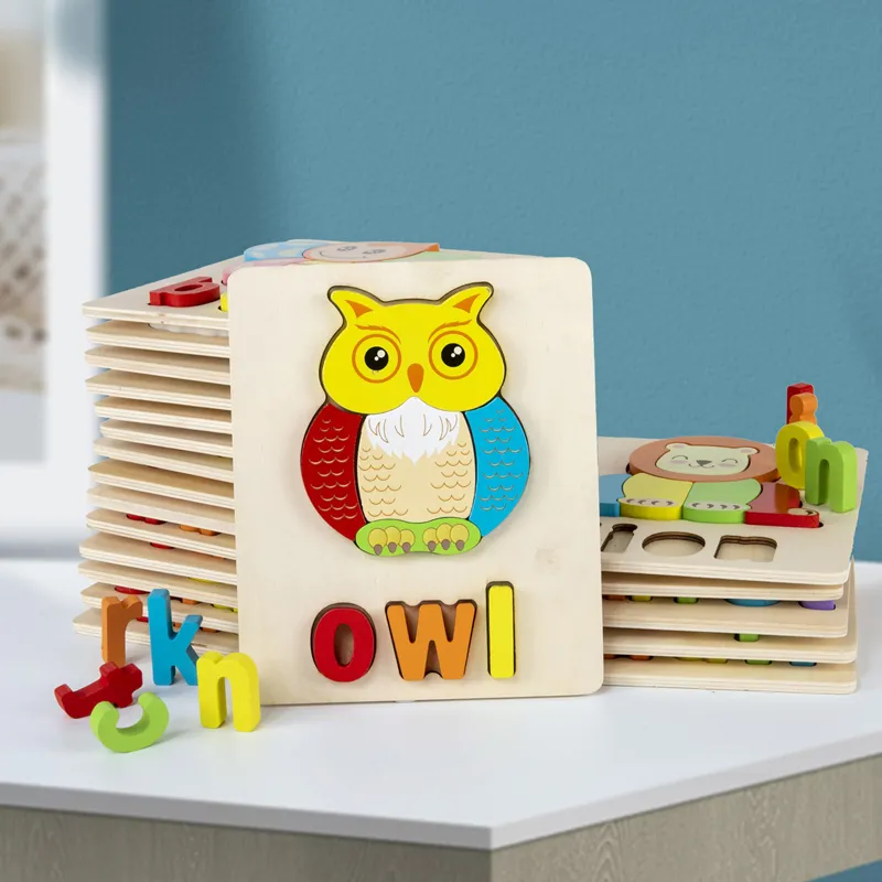 Customized Educational Toys English Puzzle Games Board Cards Wooden Jigsaw Puzzles Toy for Kids Early Ages