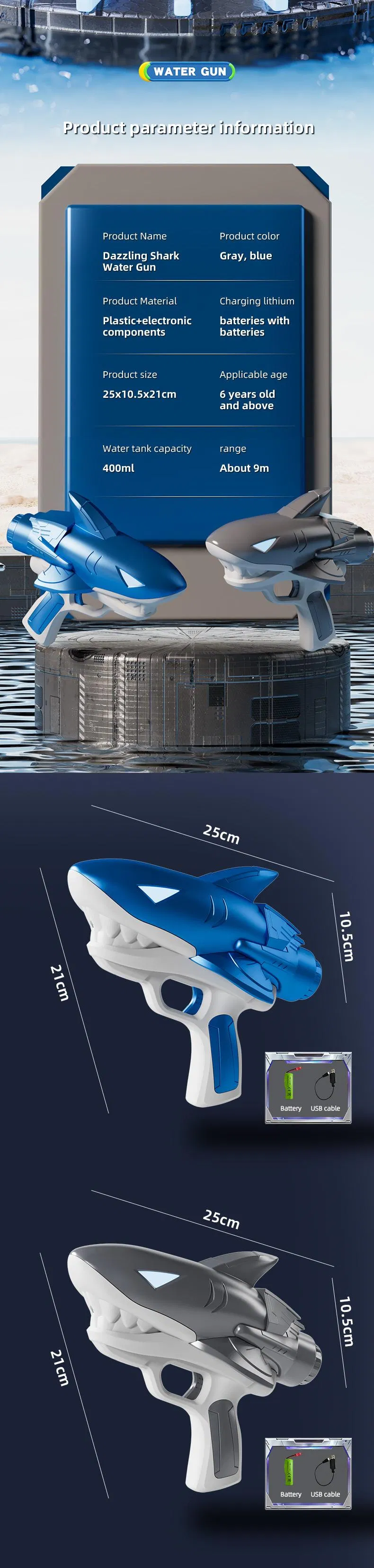 Shark 400ml Wholesale Factory Set New Arrival Plastic Automatic Electric Water Gun Toy with LED Summer