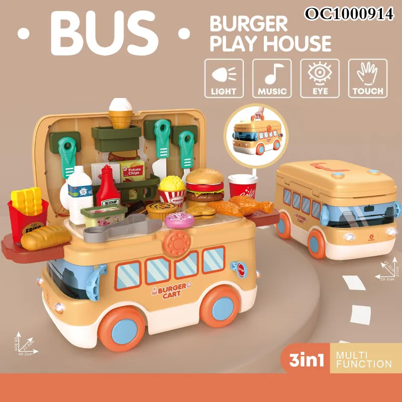 Cartoon Bus Multifunctional Plastic Mobile Kitchen Bus Play Pretend Preschool Fast Food Toys Kids