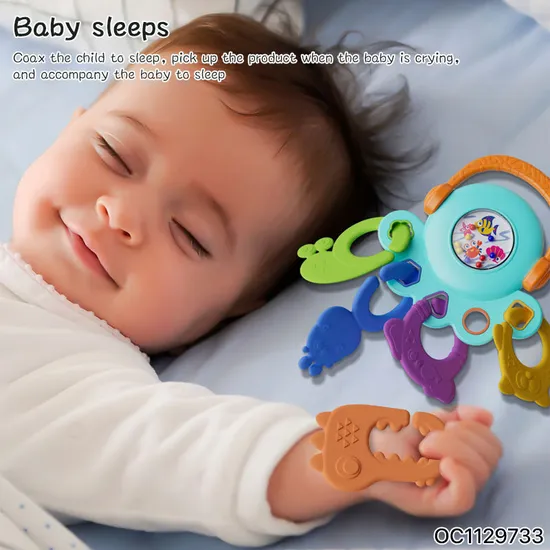 Baby Hand Guard Teether Food Grade Silicone Chew Montessori Sensory Rattle Toy for 0-6 6-12 Months with Matching Shape Blocks