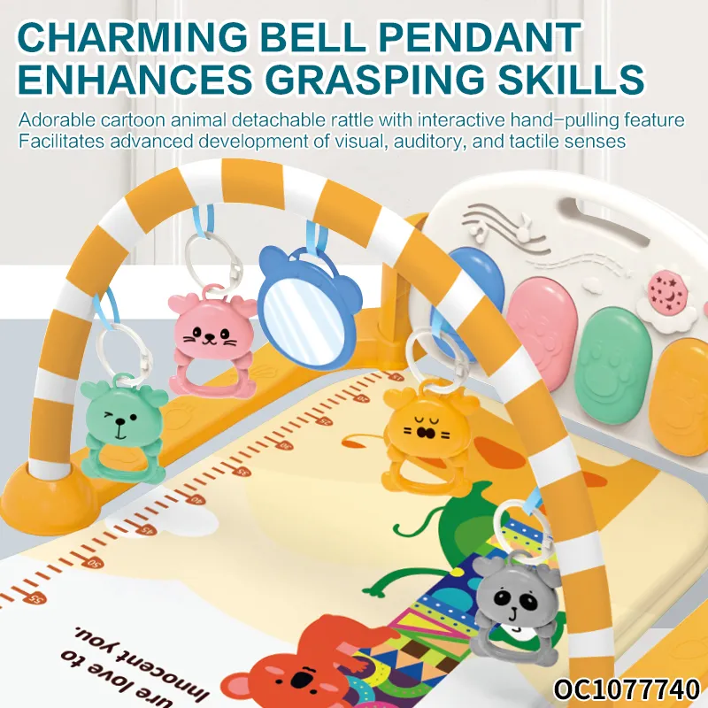 Hot Selling Cartoon Flooring Carpet Activity Musical Gym Play Mat with Pedal Piano Hanging Animal Rattles