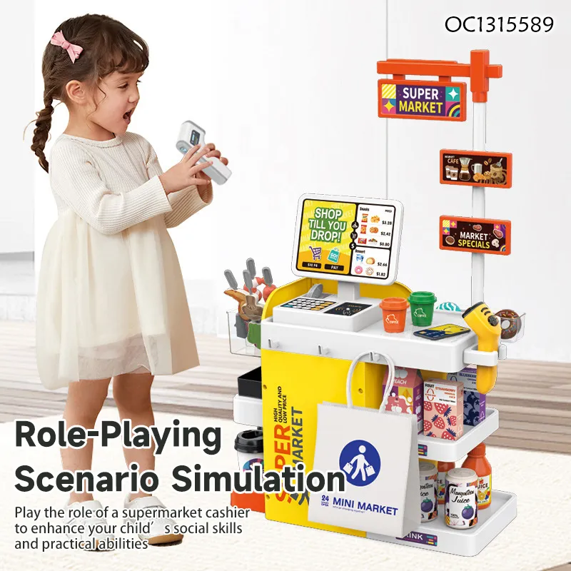 Kids Montessori Role Play Shop Accessories Toys for 4 Years Girl Kitchen Supermarket Cashier Checkout Counter Set Big with Food