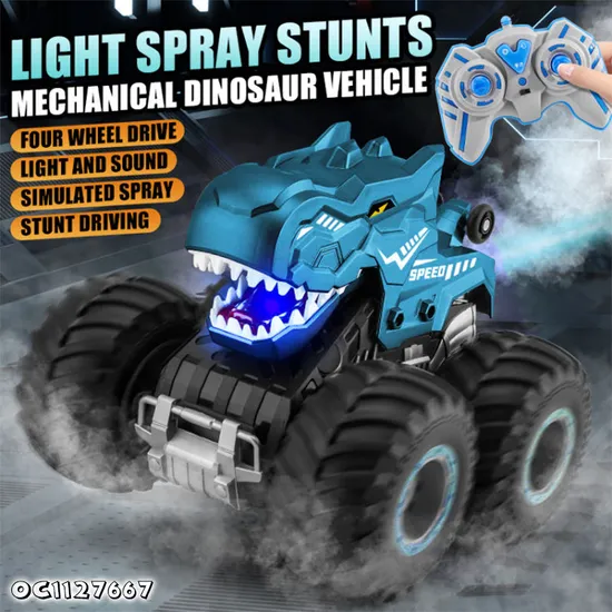 Children Boys Gift Items RC Dinosaur Mechanical Stunt Car 360 Rotating Toys for Kids with Remote Control and LED Music Light