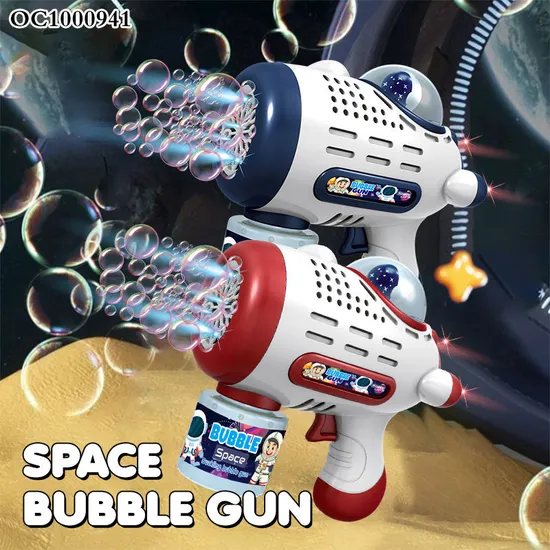Summer Outdoor Transparent Automatic Space Bubble Blower Gun Toy Light Battery Operated Plastic Bubble Bottle Gun
