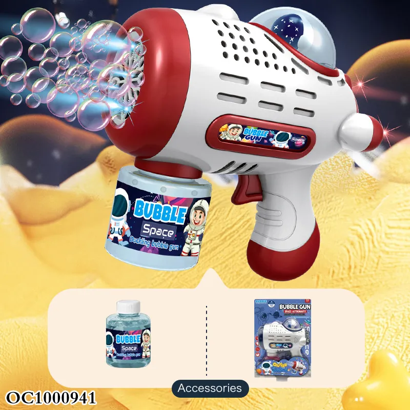 Summer Outdoor Transparent Automatic Space Bubble Blower Gun Toy Light Battery Operated Plastic Bubble Bottle Gun