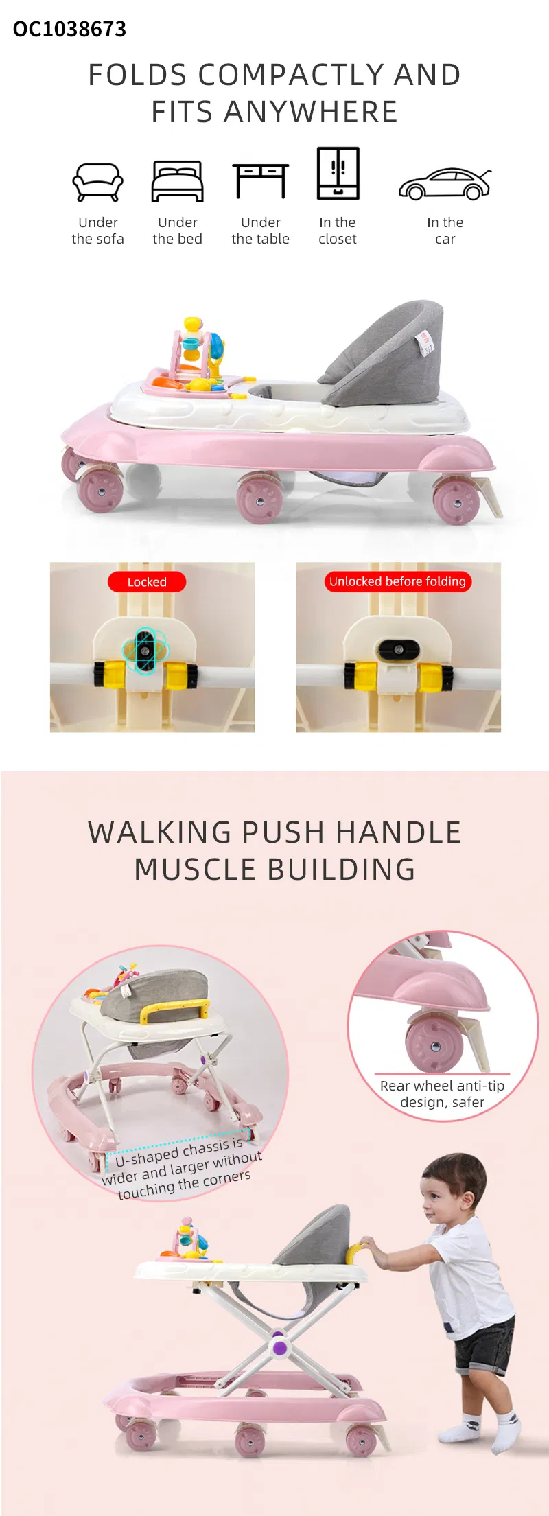 Professional Factory Price New Model Toddler Walk Learning Assistant Multifunctional Baby Walker with Foldable Plastic Wheels Sit-to-Stand and Activity Table