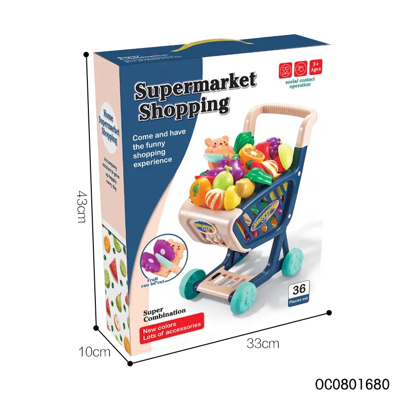 Wholesale Pretend Children's Plastic Kitchen Role Play Set Kids Supermarket Trolley Shopping Toys with Fruit