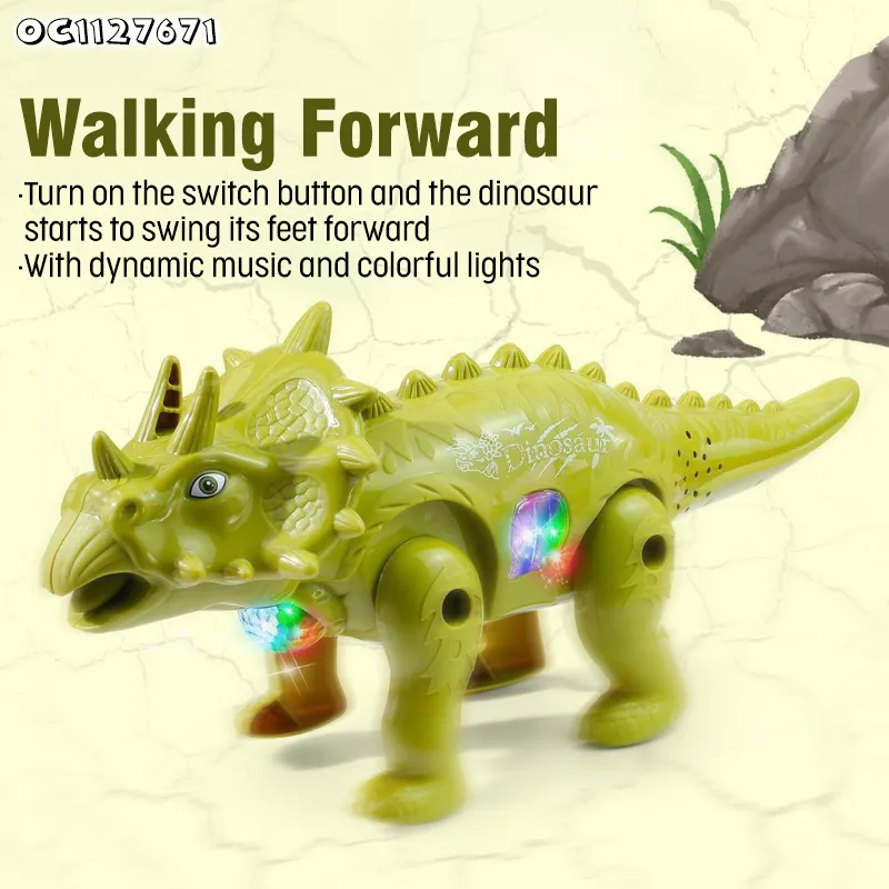 Wholesale Sensory Line up Toys Triceratops Electric Toy Custom Small Promotional Moving Dinosaur Toy for Kids with Light