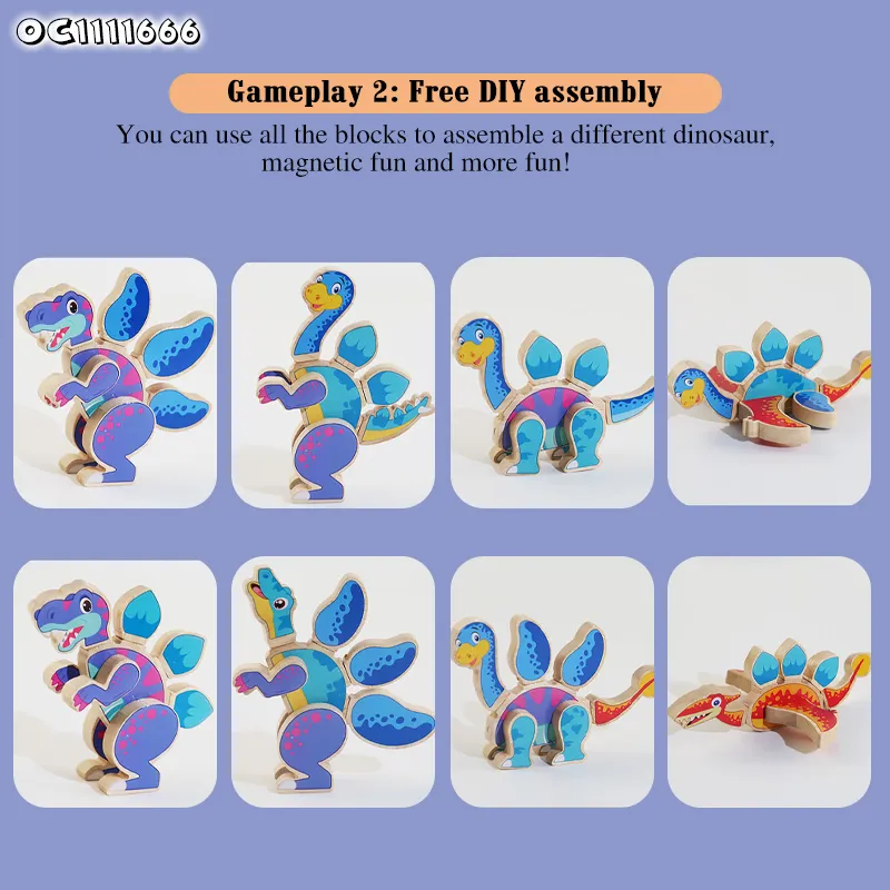 Wholesale Montessori 4PCS Cognitive Educational DIY 3D Dinosaur Wooden Block Toy for Kids