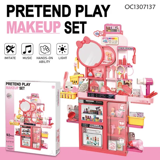 Wholesale DIY Fashion Cosmetic Make up Set Plastic Toy Girls Pretend Beauty Dressing Table Toy with Mirror and Lighting